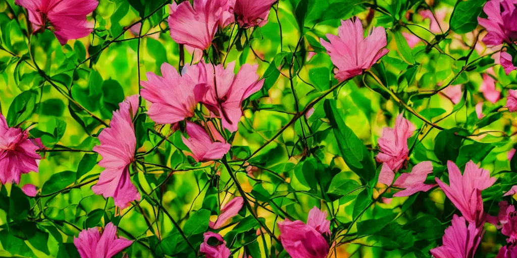 Prompt: close up of big flower, backlight green leaves, soft colours