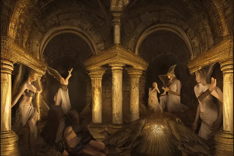 Prompt: inside a tomb, dark scene, light coming in from the left, 3 women in colored robes, 2 angels with feathered wings | medium close | fibonacci composition, by artgerm, greg rutkowski, craig mullins, caravaggio