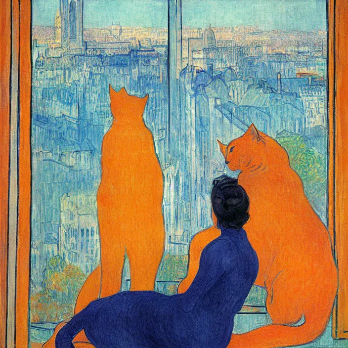 Image similar to woman and giant orange cat with city with gothic cathedral and tall trees seen from a window frame with curtains. dark indigo blue, turquoise, gold, earth brown. autumn light. delville jean, henri de toulouse - lautrec, utamaro, matisse, monet