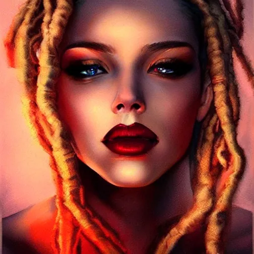 Image similar to a flawless female beauty with blonde and red dreadlocks by artgerm, dramatic lighting