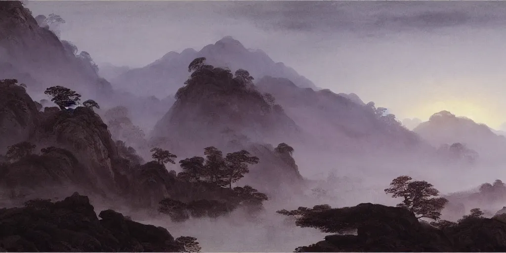 Prompt: a beautiful water color and ink painting of a large landscape, with a chinese temple, streams and rocks, at dawn, emerging sun and hills on the horizon some light fog by lee madgwick or caspar david friedrich or edouard manet, trending on artstation, more dark purple color scheme, cinematic lights