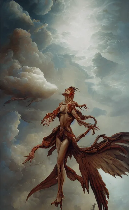 Image similar to an anatomical oil painting of a Harpy from a medical journal by Peter Mohrbacher and Julie Bell, highly detailed, high detail, 8k, storm clouds, birds, dramatic lighting