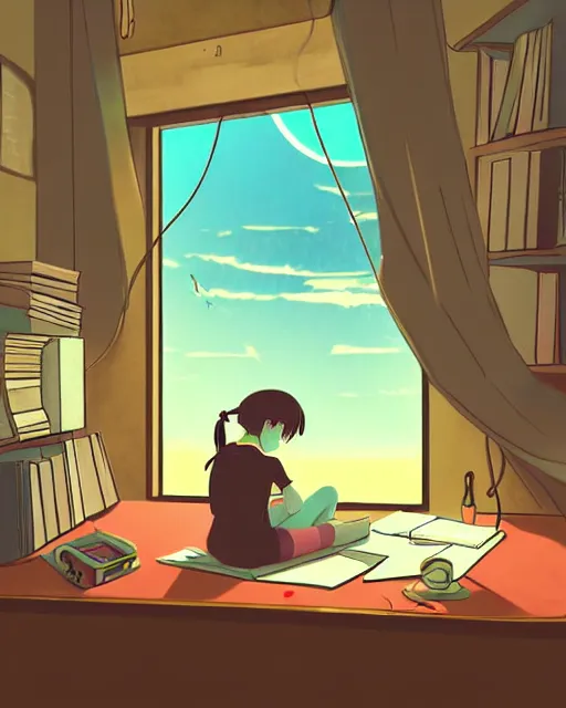 Image similar to detailed aesthetic lofi illustration of a girl listening to music studying in her messy room papers everywhere anime digital art award winning scenery cinematic scene sunset in japan by seerlight and studio ghibli subsurface scattering