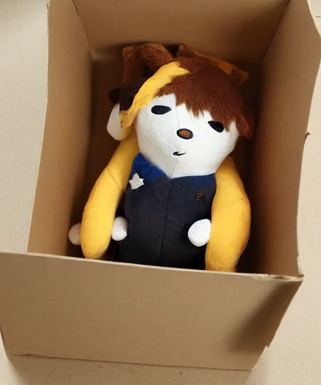 Image similar to a plushie in a cardboard box