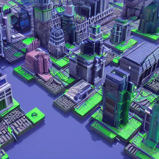 Prompt: a realistic 3d voxel rendering of a cyberpunk futuristic city with Amsterdam style canals in orthographic view made by magica voxel. #voxelart