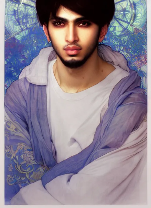 Image similar to beautiful medium shot portrait of a young arabic man inspired by ayami kojima with short hair dressed with a white t - shirt looking into the camera from three - quarters, white background white bank studio light, art by yoshitaka amano, alfons mucha, final fantasy, high quality, 8 k