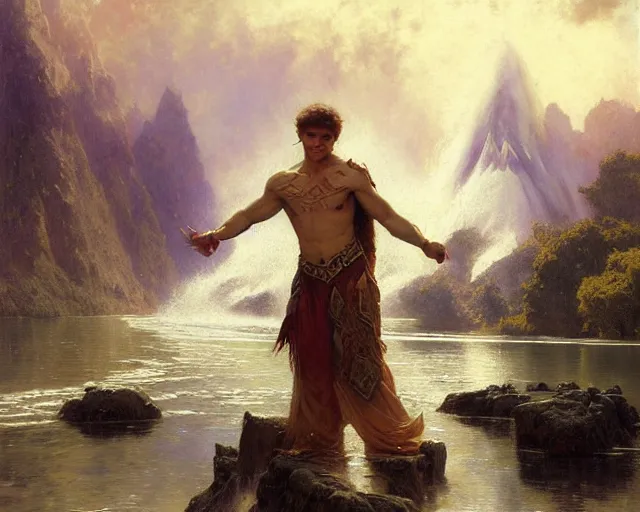 Image similar to attractive male wizard casting powerful tsunami wave spell in a beautiful lake. highly detailed painting by gaston bussiere, craig mullins, j. c. leyendecker 8 k