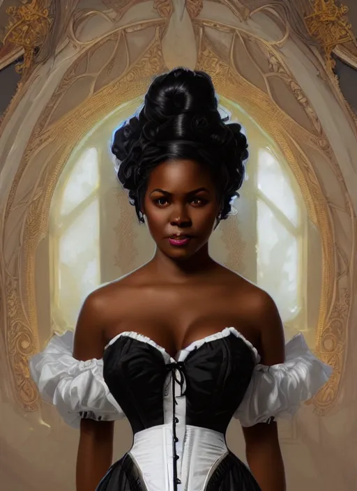 Image similar to cute black woman wearing a white corset dress, fantasy, intricate, highly detailed, digital painting, artstation, concept art, wallpaper, smooth, sharp focus, illustration, art by artgerm and greg rutkowski and alphonse mucha