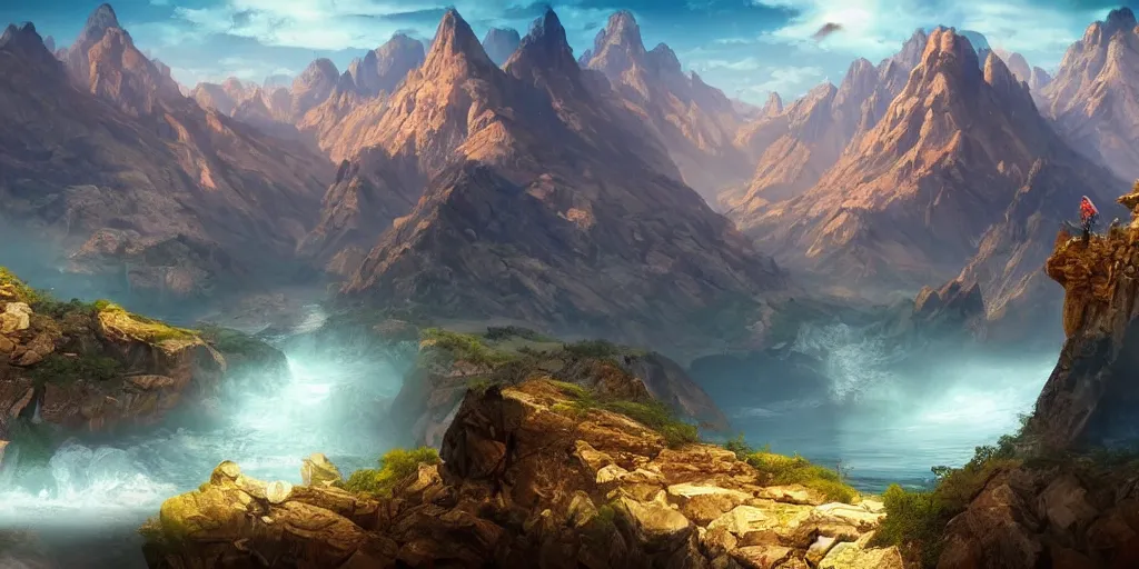 Image similar to beautiful matte painting of large mountains and canyons, fantasy