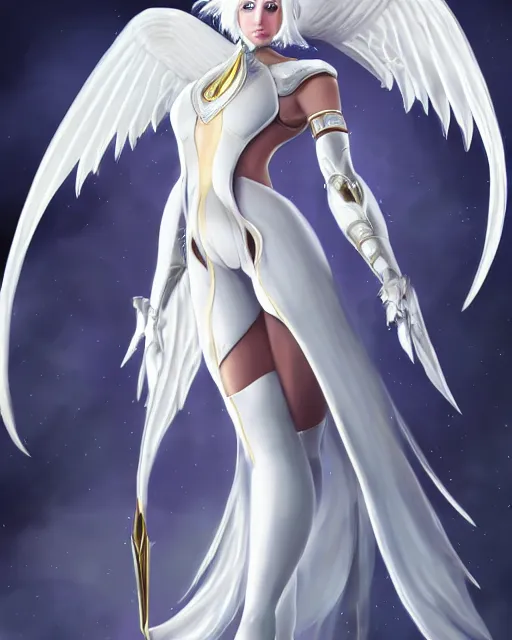 Image similar to perfect white haired attractive egyptian goddess with huge white dove wings, warframe armor, beautiful, symmetric, dreamy, half asian, pretty face, blue eyes, detailed, scifi platform, laboratory, charlize theron, 4 k, ultra realistic, epic lighting, android body, illuminated, cinematic, masterpiece, art by akihito tsukushi, voidstar