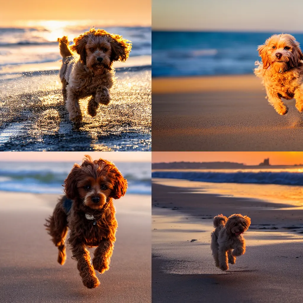 Prompt: happy cavoodle dog running on the beach, golden hour sun, front view, in focus, close up