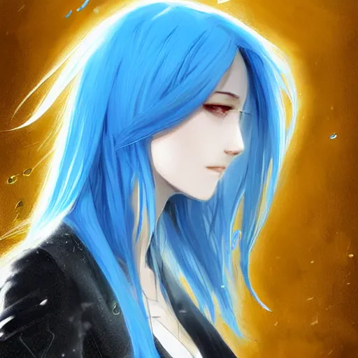 Image similar to side profile of rimuru tempest with sky blue hair, long hair, sharp face, gold eyes, high collar, black jacket | shiny, highly detailed, rain, professional digital painting, concept art, award - winning photography, cinematic, wlop | art by pixiv art, yoshitaka amano, deviantart