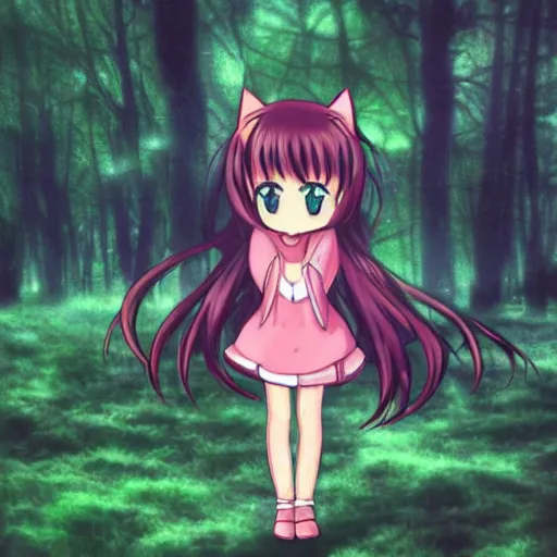 Image similar to anime catgirl spotted in forest, photograph at night with flash