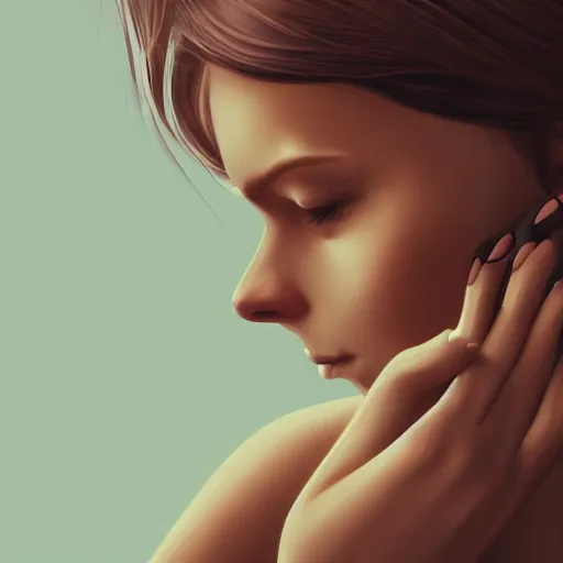 Image similar to A close-up portrait of a shy woman touching her hair, highly detailed, artstation, digital art, smooth