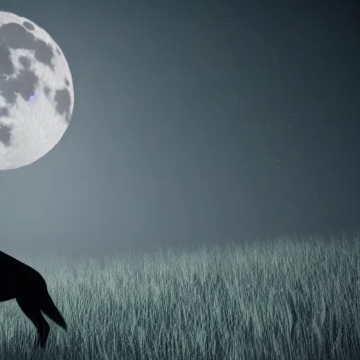 Image similar to a howling wolf made of black smoke contrasting with a full moon, cinematic lighting, 8 k, fantasy