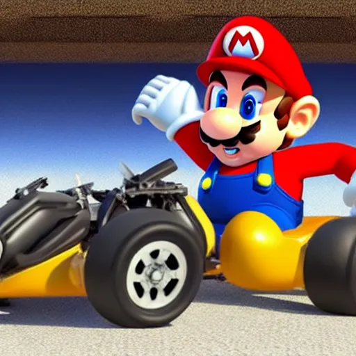 Image similar to mario kart in real life uncanny valley incredible photography photorealistic hyperrealism realistical lifelike