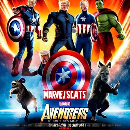 Prompt: avengers - style movie poster with faces of biden, trump, putin, xi jinping, macron, donkey, nuclear bomb in the background, cinematic, realistic, high quality