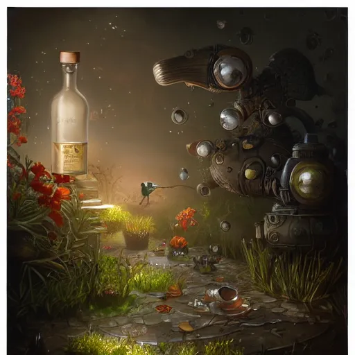 Prompt: A bottle of Gin, filled with tiny creatures, garden, summer, 8k resolution matte fantasy painting, cinematic lighting, DeviantArt, Artstation, Jason Felix Steve Argyle Tyler Jacobson Peter Mohrbacher