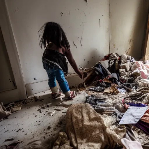 Prompt: a photo of a young girl picking dresses from a wardrobe full of dust and debris in an abandoned room