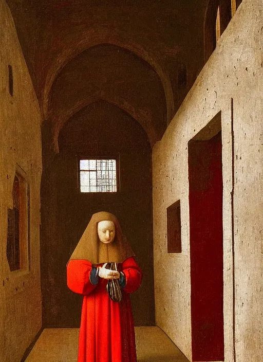 Image similar to red candle, medieval painting by jan van eyck, johannes vermeer, florence