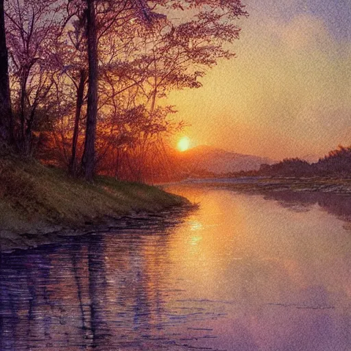 Image similar to River leading into a sunset, Watercolor, photorealistic, high resolution, award winning, trending on artstation, intricate, elegant, highly detailed, digital painting, artstation, concept art, smooth, sharp focus, illustration, art by artgerm and greg rutkowski and alphonse mucha