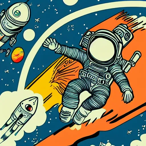 Image similar to colorful disney, mcbess illustration, an astronaut drifting through space