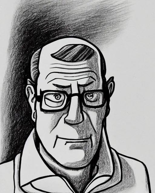 Prompt: Hank Hill drawn by Tove Jansson, cross hatching, black-and-white