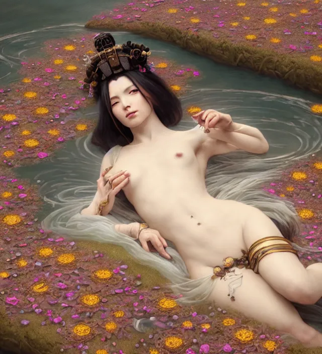 Image similar to baroque portrait of one steampunk bohemian geisha woman of porceline skin lying down in a river made of thousand of flowers, cinematic lighting, photorealistic, octane render, 8 k, depth of field, art by artgerm and greg rutkowski and alphonse mucha and uang guangjian