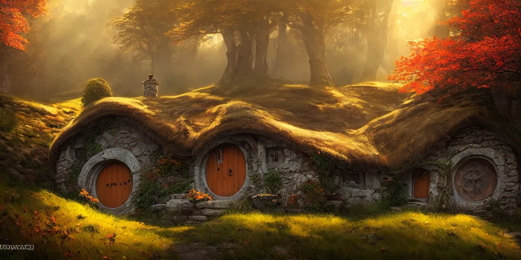 Image similar to a hobbit cottage on top of a steep hill, greg rutkowski, zabrocki, moebius, concept art, highly detailed, autumn sunlights, smoky atmosphere, ( ray of sunlight ), ilya kuvshinov, ossdraws, 8 k, ultra wide angle, zenith view, lens effect