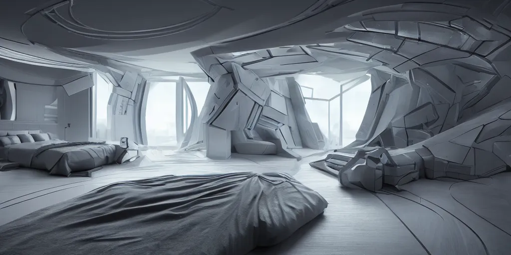 Image similar to infinitely detailed hd photo of a futuristic bedroom by jung yeon min, design, concept art