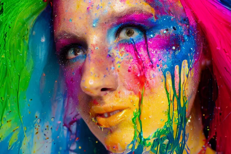 Image similar to a highly detailed cinematic headshot portrait photograph of a woman with a liquid paint headdress, with rainbow paint splash, melting smoothly into other faces, liquid, ultra realistic, beautiful rim lighting, by richard avedon and annie leibovitz and arnold newman, photorealistic, hyperrealistic, octane, high speed camera, zeiss lens, sharp focus, paint splash