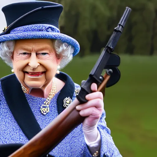 Image similar to Queen Elizabeth II wearing an army uniform while holding a rifle on a battlefield, highly detailed, high quality, HD, 4k, 8k, Canon 300mm, professional photographer, 40mp, lifelike, top-rated, award winning, realistic, sharp, no blur, edited, corrected, trending