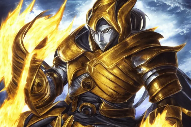 Image similar to an ultra detailed portrait of saladin as a shonen anime protagonist charging into battle wearing bright gold armor and huge flaming longsword blessed by god, epic anime fantasy, 8 k, volumetric lighting, smooth, highly detailed, digital illustration, art by kentaro miura and akira toriyama and artgerm