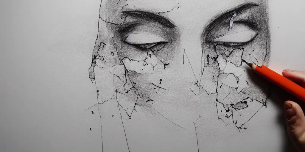 Prompt: minimalistic drawing of a face broken into a million pieces