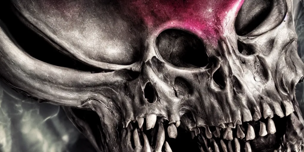 Prompt: an alien skull closeup, studio lighting, deep colors, apocalyptic setting, gross, evil