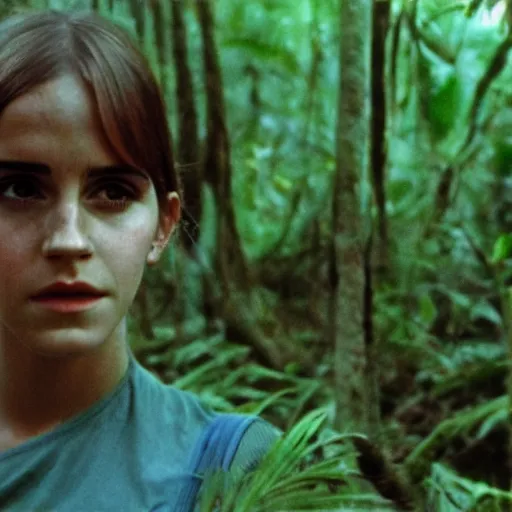 Prompt: film still, close up, portrait, emma watson soldier hiking through dense vietnam jungle, blue hour dawn, associated press, award winning, film still from apocalypse now ( 1 9 7 9 ), 2 6 mm, kodak ektachrome, blue tint ektachrome film,