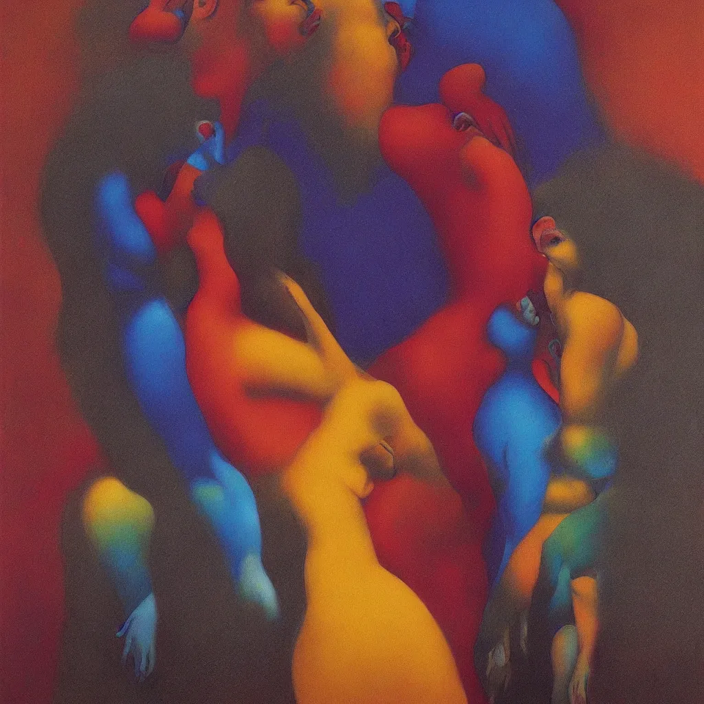 Image similar to men kiss girl and hug and cuddle colourful shiny beautiful harmony painting by zdzisław beksinski