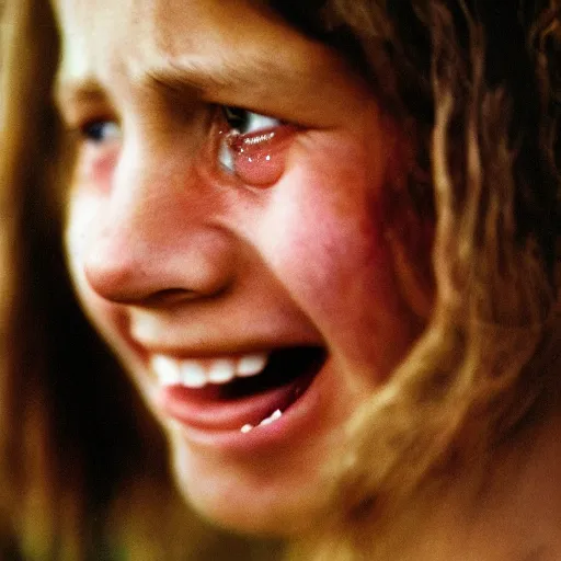 Prompt: a candid extreme closeup portrait of an expressive face of a happy in tears young woman by annie leibovitz