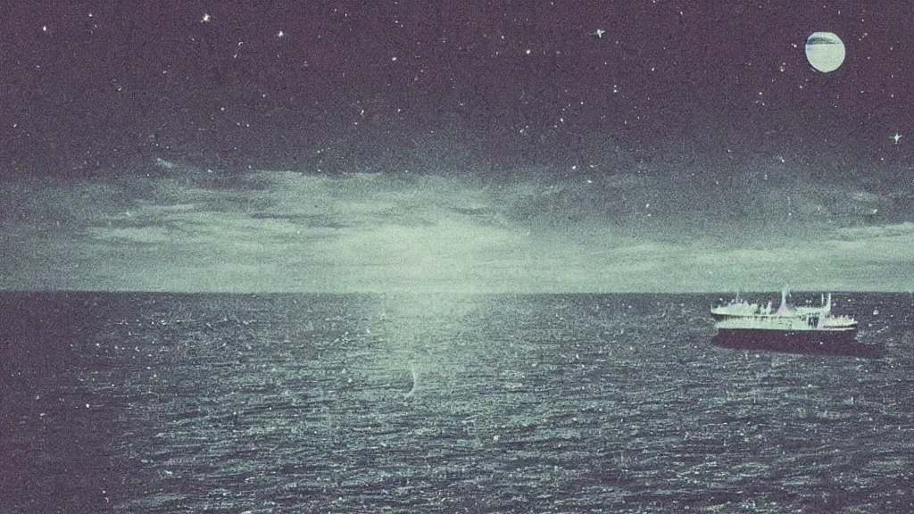 Image similar to birds eye view, looking down from above, vivid haunted VHS glitch polaroid of a distant, celestial ferry!!! sailing through deep blackness. black bay, back ocean, stars, strange perspective, depths, Ethereal lighting. Nighttime setting with the moon reflecting off the water