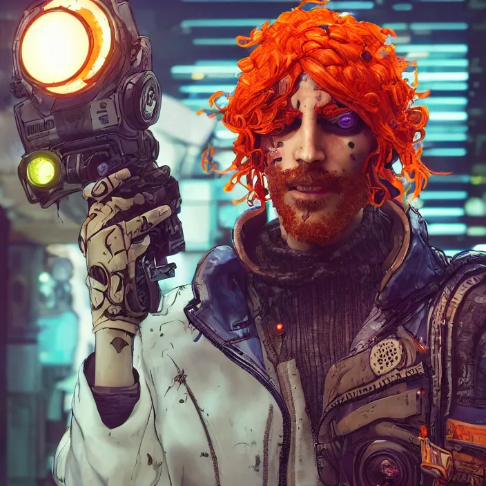 Image similar to cyberpunk portrait of curly orange hair man from borderlands 3, au naturel, hyper detailed, digital art, trending in artstation, cinematic lighting, studio quality, smooth render, unreal engine 5 rendered, octane rendered, art style by klimt and nixeu and ian sprigger and wlop and krenz cushart.