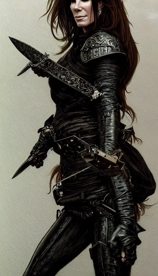 Image similar to portrait of sandra bullock as a thief wearing black leather armor and wielding a dagger in a dark alleyway, fantasy, intricate, elegant, highly detailed, digital painting, artstation, concept art, matte, sharp focus, illustration, art by travis charest and alphonse mucha