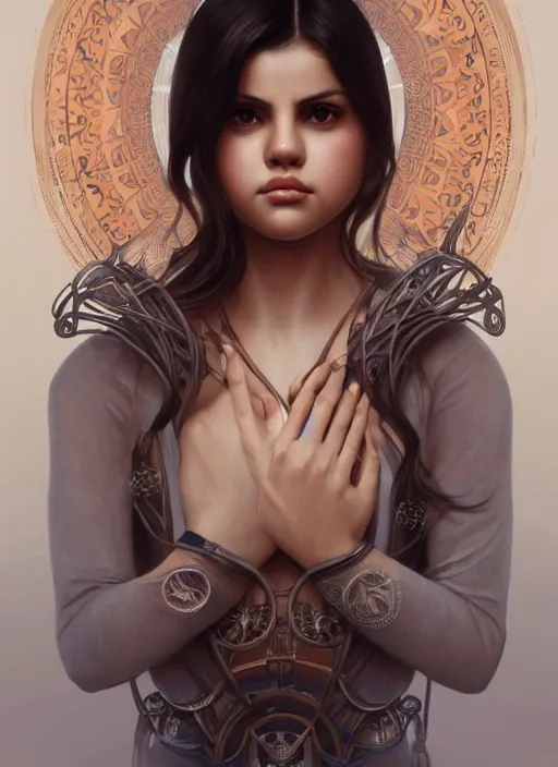 Image similar to symmetry!! selena gomez, machine parts embedded into face, intricate, elegant, highly detailed, digital painting, artstation, concept art, smooth, sharp focus, illustration, art by artgerm and greg rutkowski and alphonse mucha, 8 k