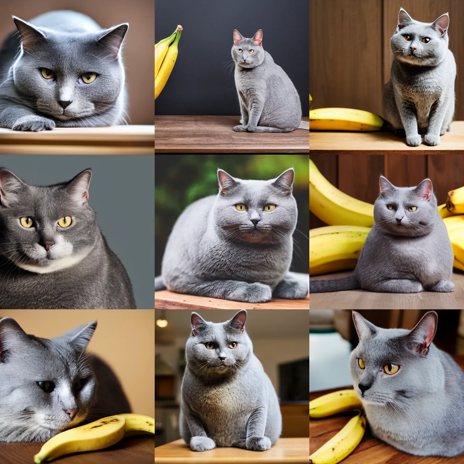 Prompt: a Fat British all grey cat looking at banana sitting on a wooden table