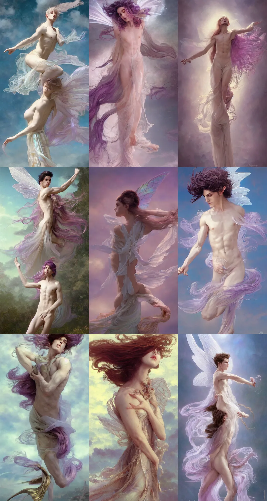 Prompt: a lithe androgynous pale male fairy, wearing diaphanous and iridescent silks, long hair blowing in the wind, warrior poses, vaporwave, highly detailed, digital painting, artstation, concept art, smooth, sharp focus, illustration, by artgerm, by greg rutkowski, by alphonse mucha, by wlop.