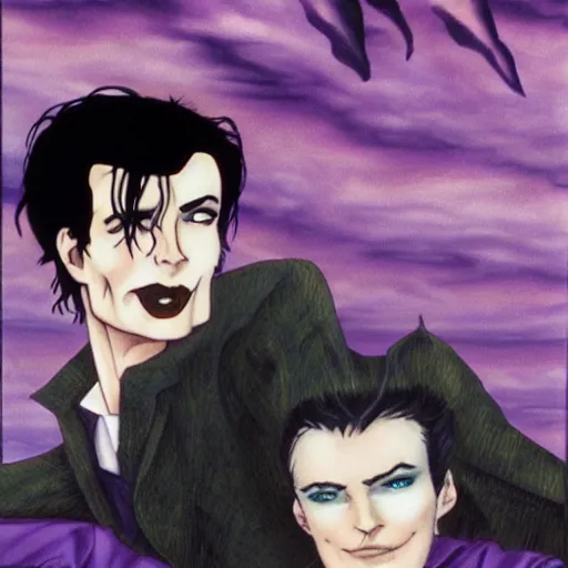 Prompt: A portrait of the character, Desire, a tall smiling androgyne with black hair and a pinstripe suit, Vertigo Comics, The Sandman written by Neil Gaiman, against a stormy purple sky