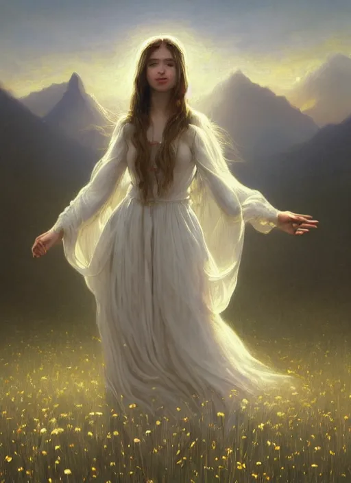 Image similar to oil painting portrait of a young woman with long dark flowing hair in a dress made of white flowers, dancing levitating floating over a field of flowers at sunset with mountains in the background, hazy, digital art, chiaroscuro, artstation, cinematic, golden hour, digital art painting by greg rutkowski, bouguereau, hazy atmosphere, flowers, cinematic lighting