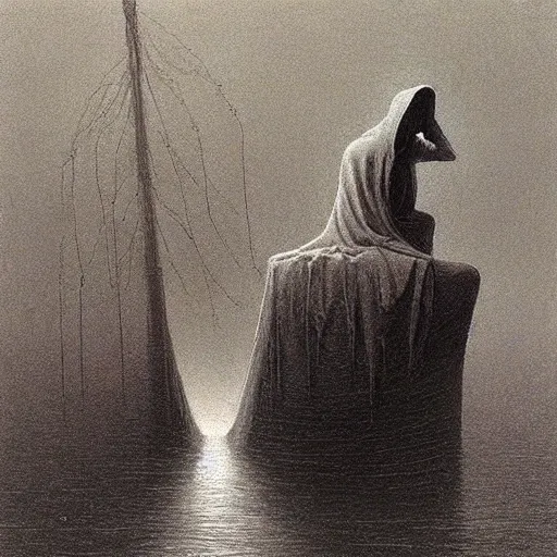 Prompt: a closeup of a hooded figure on a ferry in the underworld, charon, greek mythology, beksinski