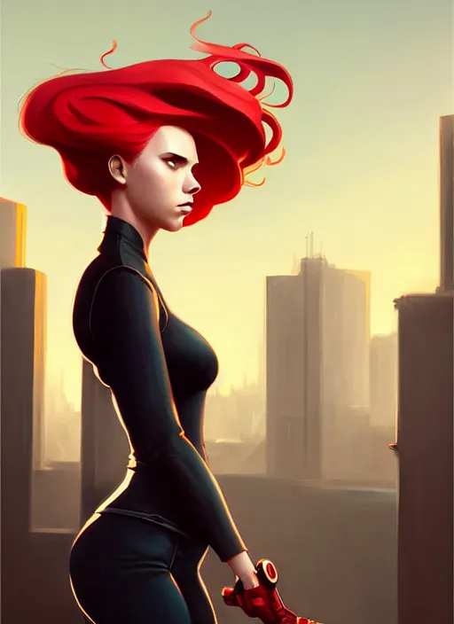 Image similar to peter mohrbacher, phil noto, artgerm, pretty scarlett johansson black widow, symmetrical eyes, long red hair, full body, city rooftop