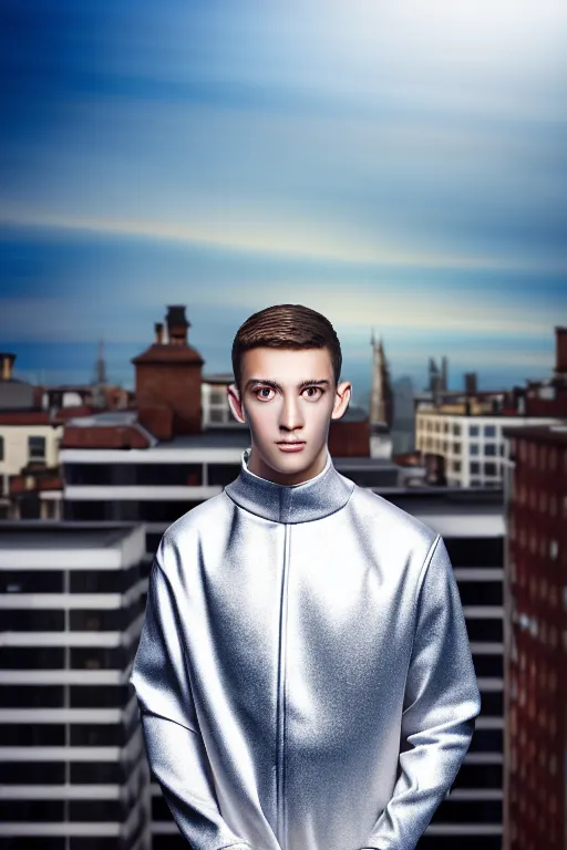 Image similar to un ultra high definition studio quality photographic art portrait of a young man standing on the rooftop of a british apartment building wearing soft padded silver pearlescent clothing. three point light. extremely detailed. golden ratio, ray tracing, volumetric light, shallow depth of field. set dressed.