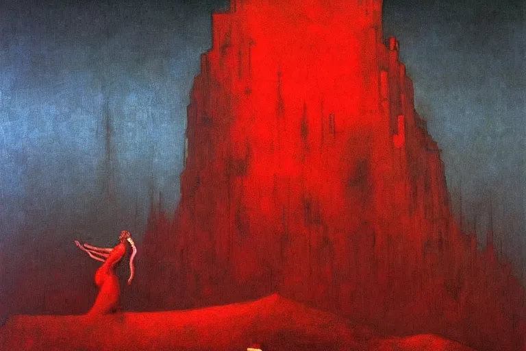 Image similar to only with red, red eyes, a red tiger, a castle in the background, medieval demons dance, an ancient path, in the style of beksinski, part by hopper, part by rodcenko, part by hofbauer, intricate composition, red by caravaggio, insanely quality, highly detailed, masterpiece, red light, artstation